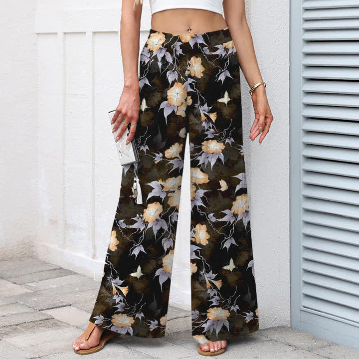 Buddha Stones Cotton Linen Blue Floral Leaves Pattern Women's Elastic Waist Wide Leg Pants With Pockets - image 7