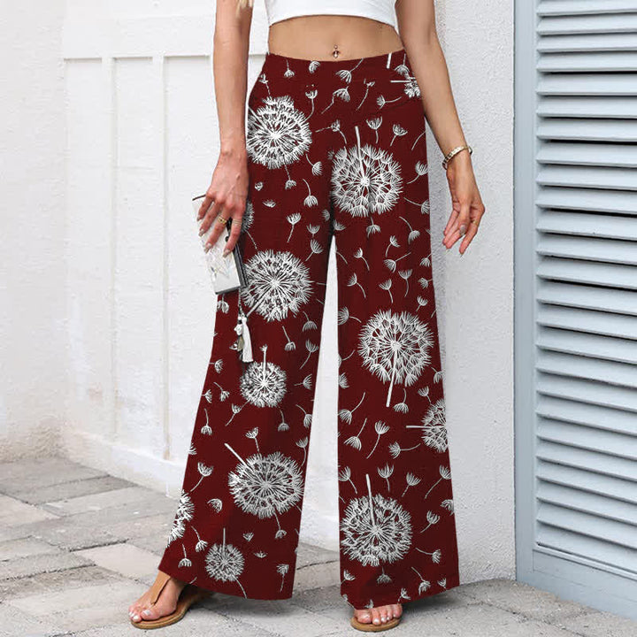 Buddha Stones Cotton Linen White Dandelion Pattern Women's Elastic Waist Wide Leg Pants With Pockets - image 7