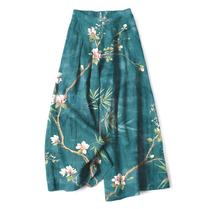 Buddha Stones Cotton Linen Oriental Light Pink Floral Pattern Women's Elastic Waist Wide Leg Pants With Pockets - Teal - US16，UK/AU20，EU48 (3XL) - image 0