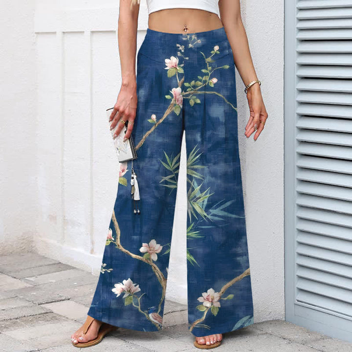Buddha Stones Cotton Linen Oriental Light Pink Floral Pattern Women's Elastic Waist Wide Leg Pants With Pockets - image 5