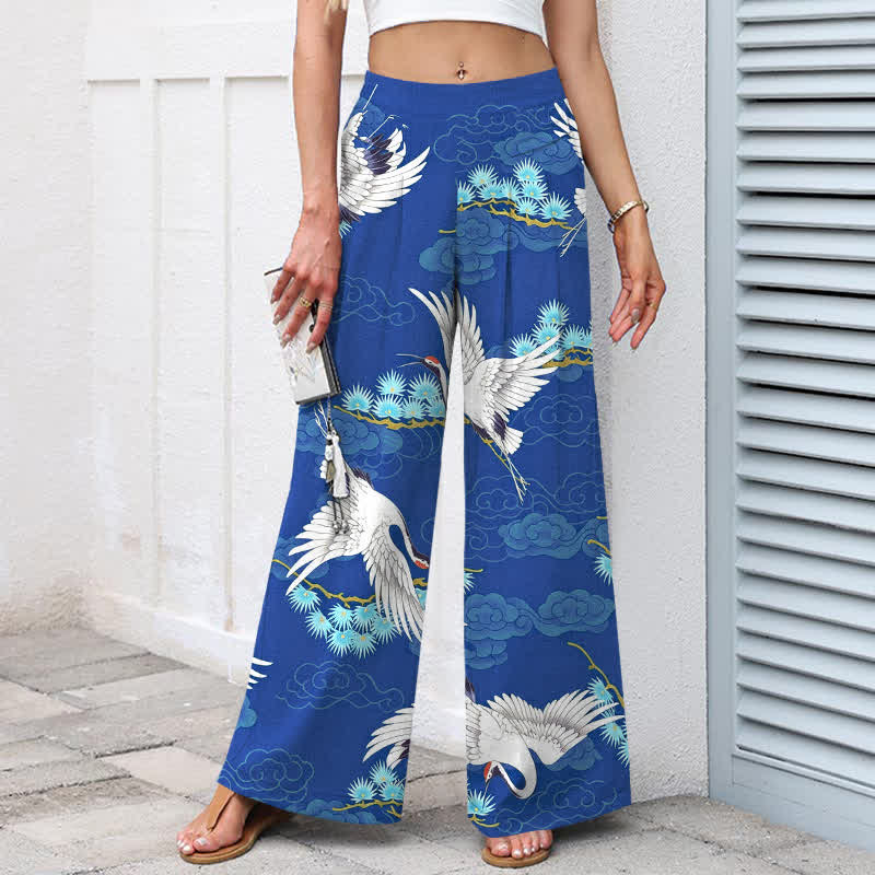 Buddha Stones Cotton Linen White Crane Auspicious Clouds Pine Pattern Women's Elastic Waist Wide Leg Pants With Pockets - image 7