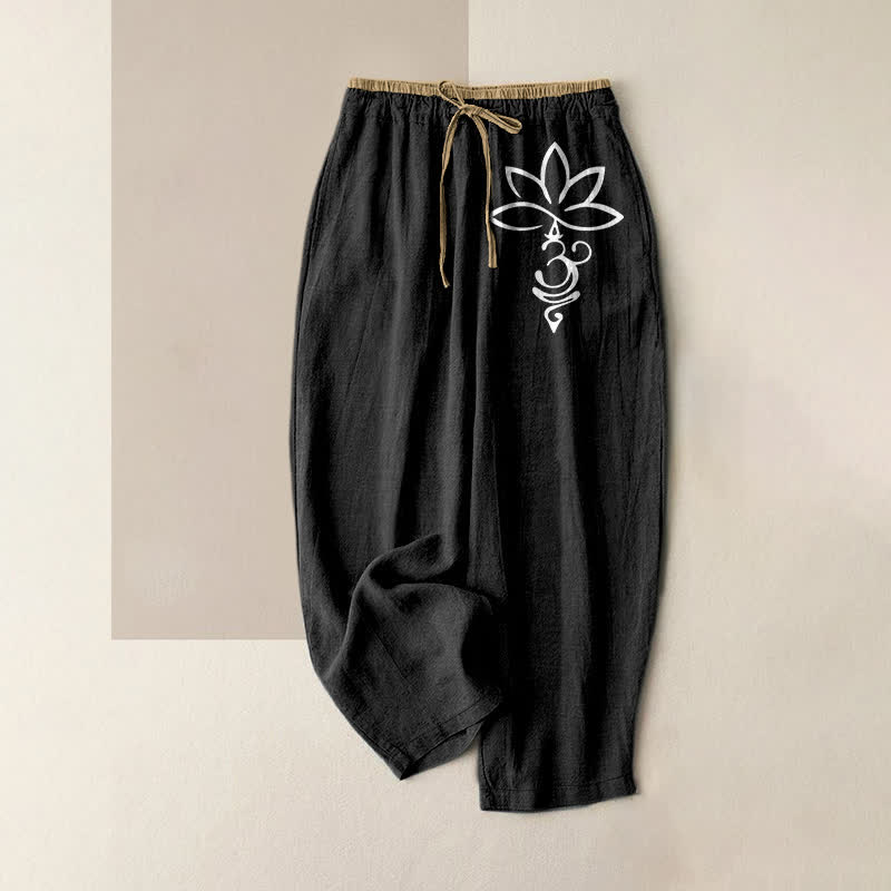 Buddha Stones Pure Cotton Lotus Om Pattern Women's Elastic Waist Pants With Pockets - Black - US16，UK/AU20，EU48 (3XL) - image 0
