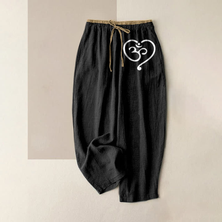 Buddha Stones Pure Cotton Zen Om Heart Pattern Women's Elastic Waist Pants With Pockets - Black - US16，UK/AU20，EU48 (3XL) - image 0