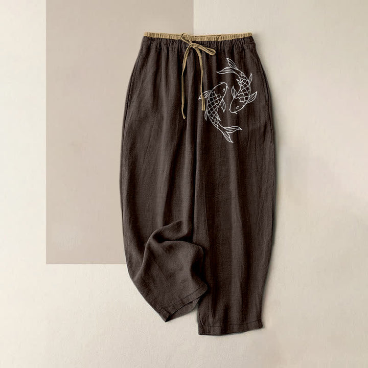 Buddha Stones Pure Cotton Zen Koi Fish Pattern Women's Elastic Waist Pants With Pockets - SaddleBrown - US16，UK/AU20，EU48 (3XL) - image 8