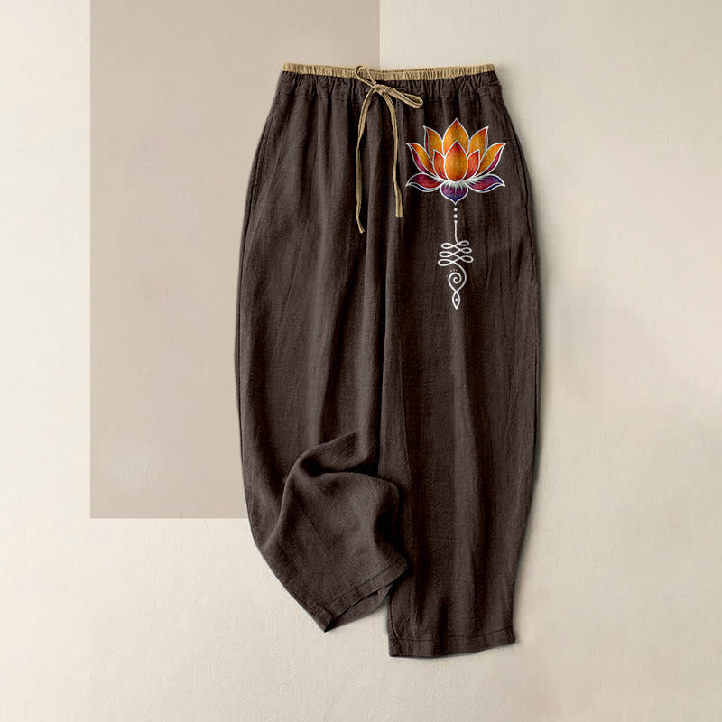 Buddha Stones Pure Cotton Orange Lotus Pattern Women's Elastic Waist Pants With Pockets - SaddleBrown - US16，UK/AU20，EU48 (3XL) - image 4