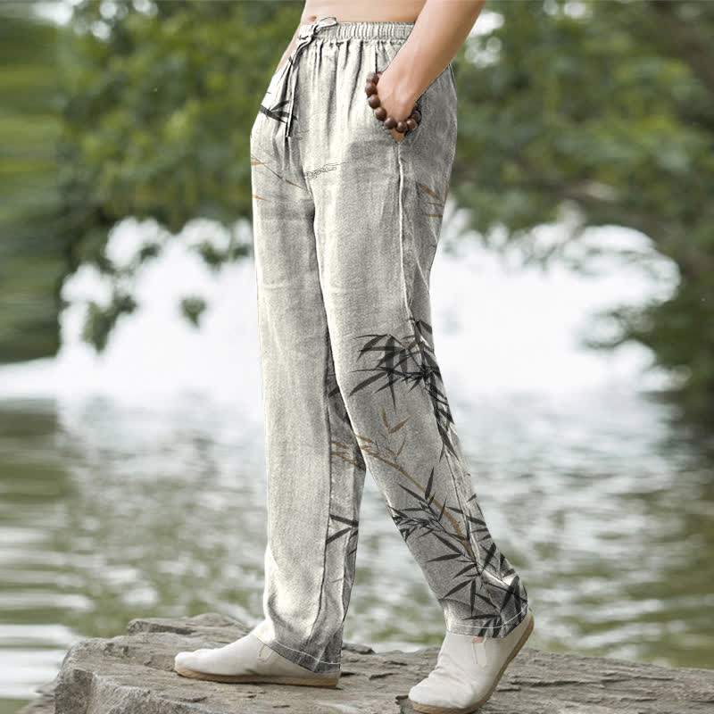 Buddha Stones Cotton Ink Bamboo Pattern Men's Tapered Pants With Pockets - image 1