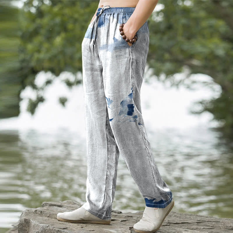 Buddha Stones Cotton Red-crowned Crane Pattern Men's Tapered Pants With Pockets - image 1