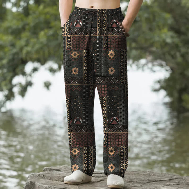 Buddha Stones Cotton Bohemian Floral Geometric Pattern Men's Tapered Pants With Pockets - SaddleBrown - US/UK/AU50，EU60 (5XL) - image 0