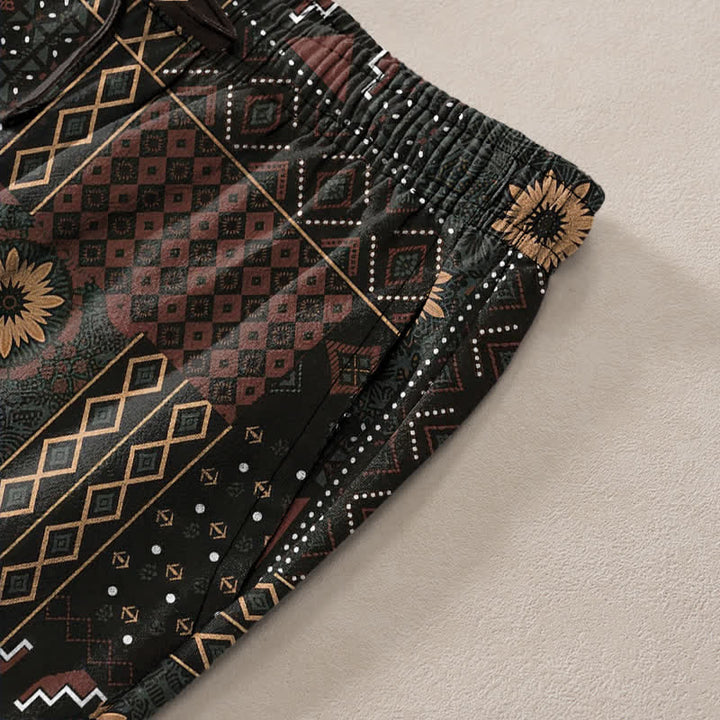 Buddha Stones Cotton Bohemian Floral Geometric Pattern Men's Tapered Pants With Pockets - image 2