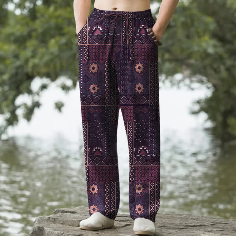 Buddha Stones Cotton Bohemian Floral Geometric Pattern Men's Tapered Pants With Pockets - DarkMagenta - US/UK/AU50，EU60 (5XL) - image 6