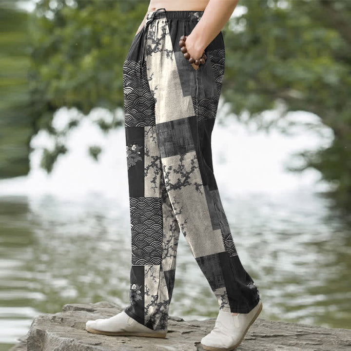 Buddha Stones Cotton Patchwork Wave Floral Pattern Men's Tapered Pants With Pockets - image 5