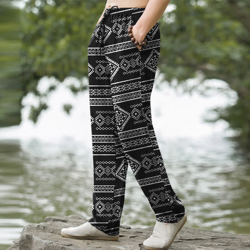 Buddha Stones Cotton Tribal Geometric Stripe Pattern Men's Tapered Pants With Pockets - image 1