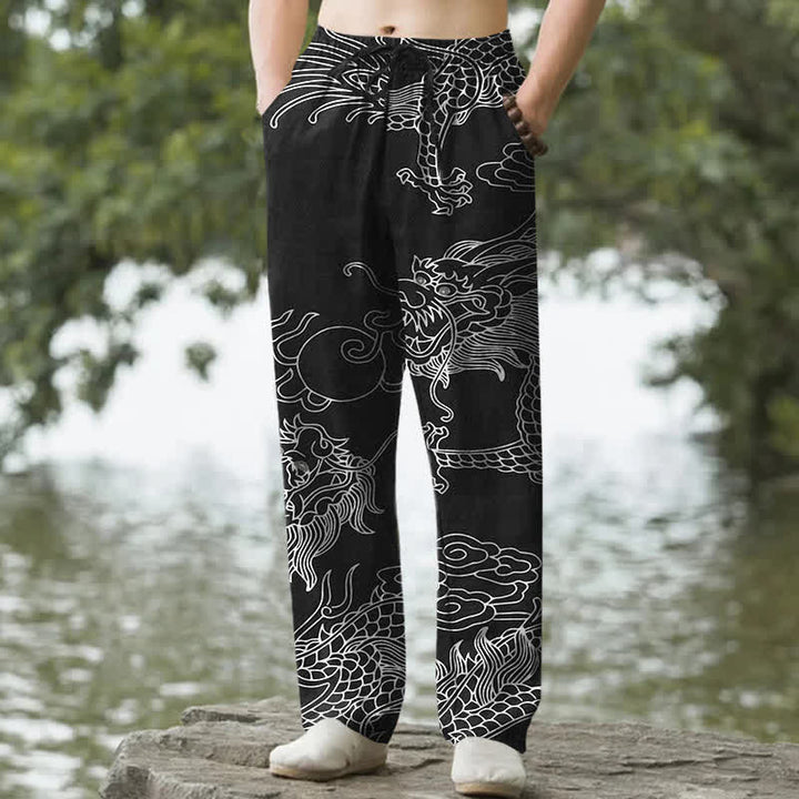 Buddha Stones Cotton Oriental Dragon Cloud Pattern Men's Tapered Pants With Pockets - Black - US/UK/AU50，EU60 (5XL) - image 0