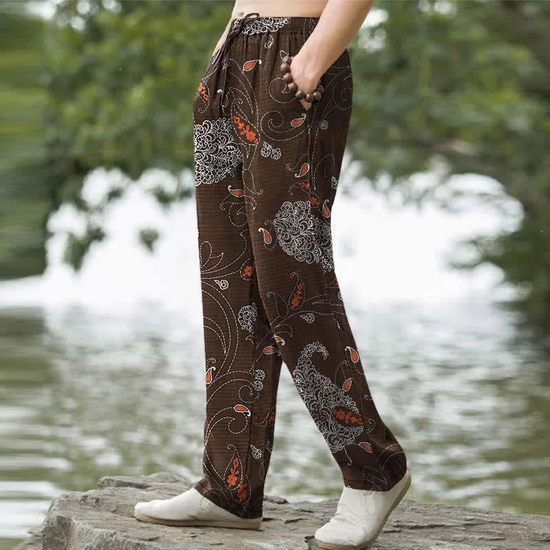 Buddha Stones Cotton Bohemian Floral Vine Pattern Men's Tapered Pants With Pockets - image 1