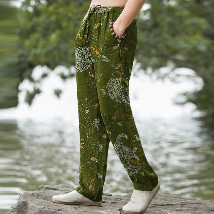 Buddha Stones Cotton Bohemian Floral Vine Pattern Men's Tapered Pants With Pockets - image 5