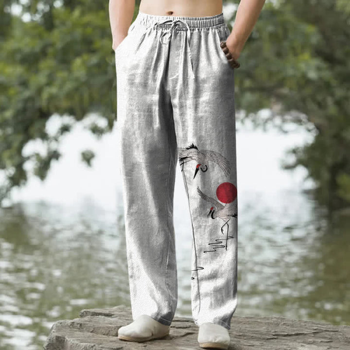 Buddha Stones Cotton Red Sun Crane Pattern Men's Tapered Pants With Pockets - Linen - US/UK/AU50，EU60 (5XL) - image 0