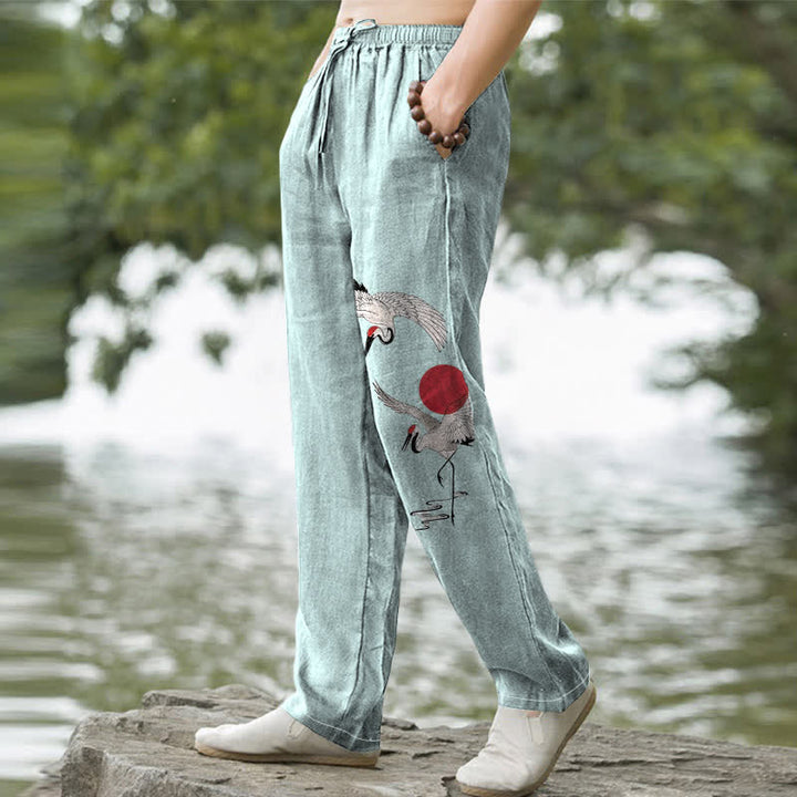 Buddha Stones Cotton Red Sun Crane Pattern Men's Tapered Pants With Pockets - image 7