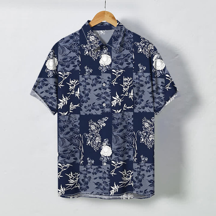 Buddha Stones Blue Plaid Floral Pattern Buttons Breathable Men's Short Sleeve Shirt - Navy - US/UK/AU48，EU58 (4XL) - image 0