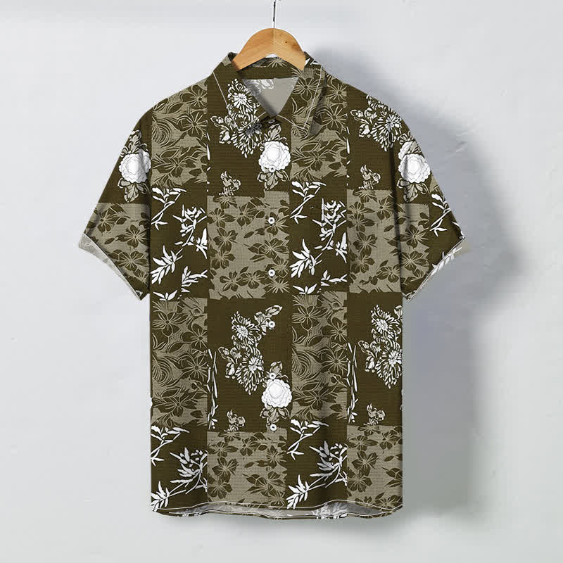Buddha Stones Blue Plaid Floral Pattern Buttons Breathable Men's Short Sleeve Shirt - SaddleBrown - US/UK/AU48，EU58 (4XL) - image 3