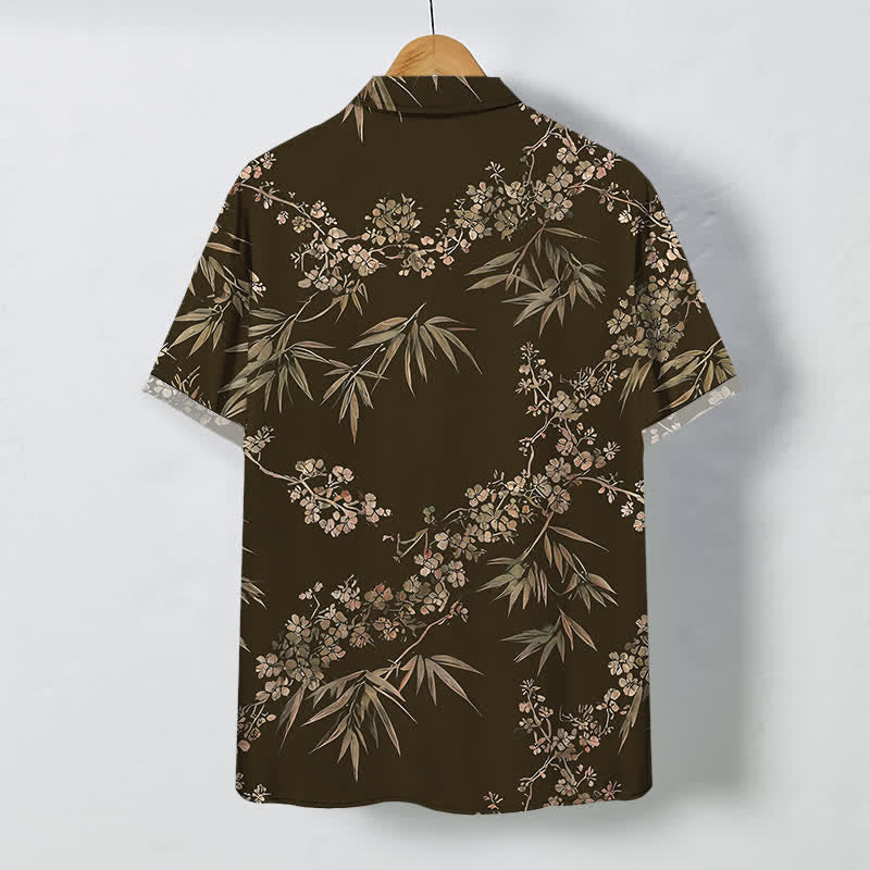 Buddha Stones Bamboo Plum Blossom Pattern Buttons Breathable Men's Short Sleeve Shirt - image 1