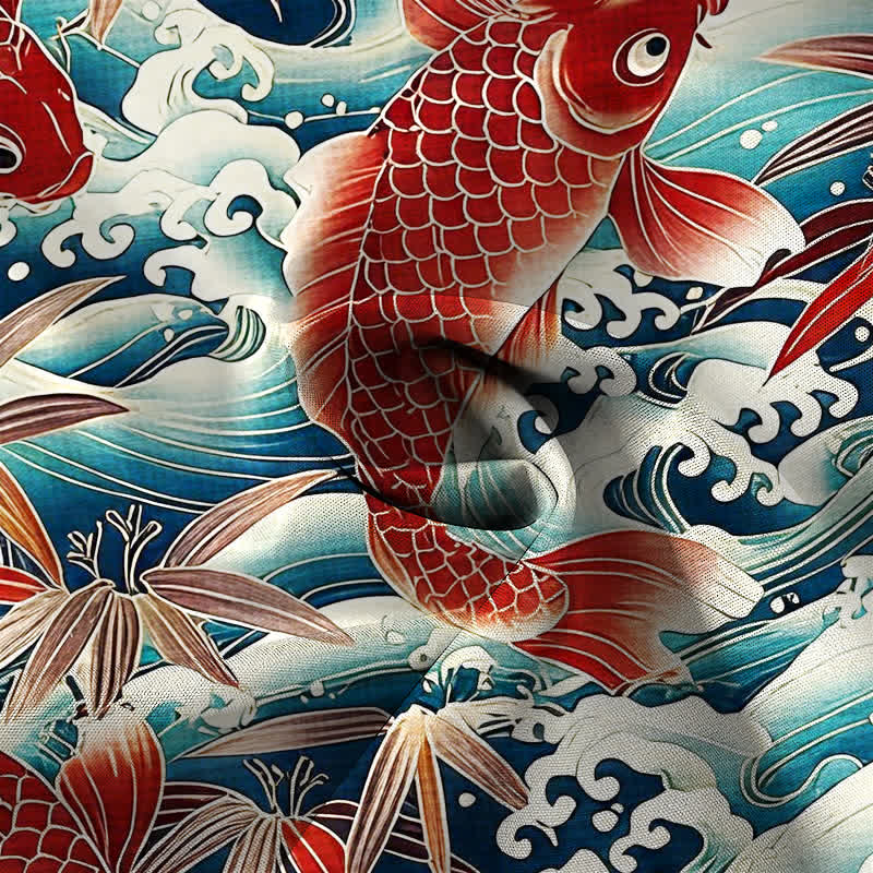 Buddha Stones Koi Wave Bamboo Pattern Buttons Breathable Men's Short Sleeve Shirt - image 2