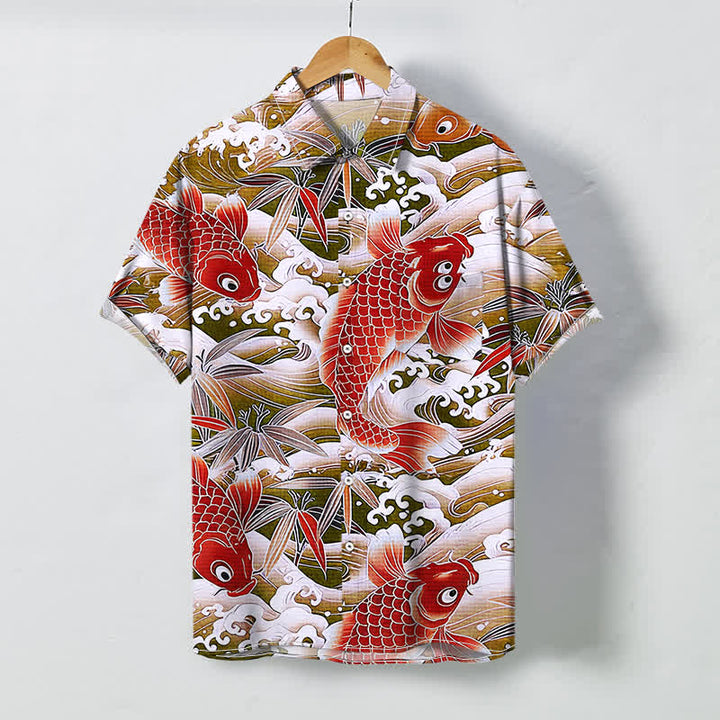 Buddha Stones Koi Wave Bamboo Pattern Buttons Breathable Men's Short Sleeve Shirt - DarkGoldenrod - US/UK/AU48，EU58 (4XL) - image 3