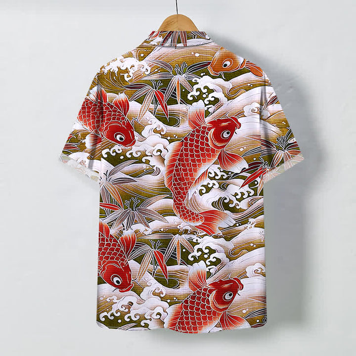 Buddha Stones Koi Wave Bamboo Pattern Buttons Breathable Men's Short Sleeve Shirt - image 4
