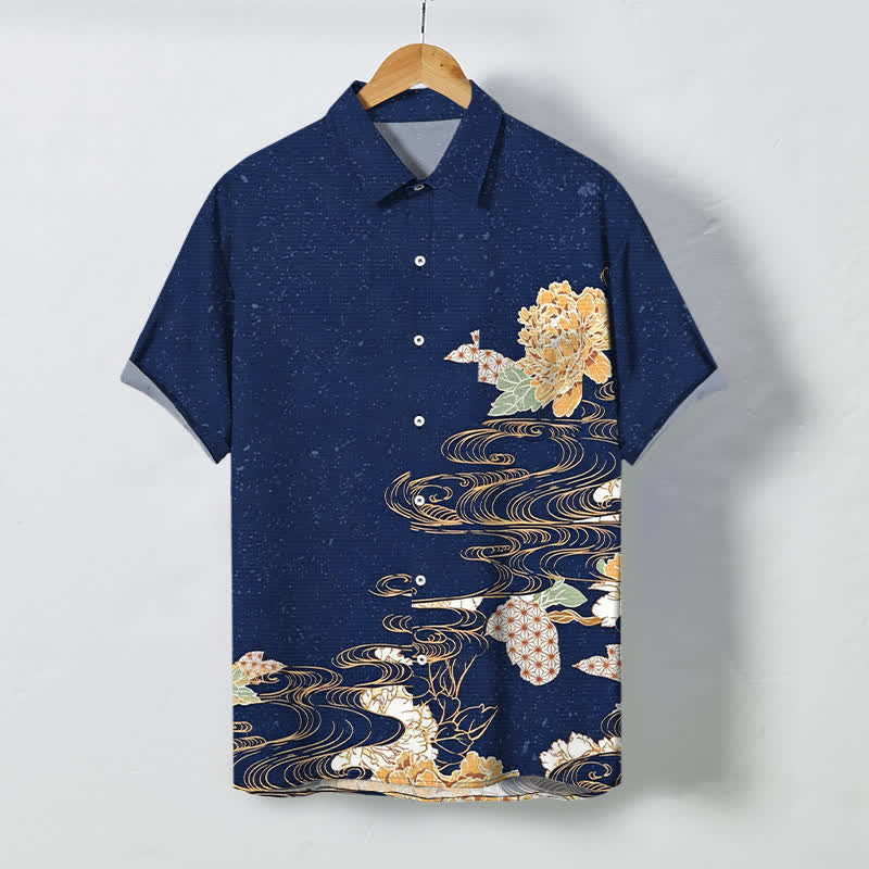 Buddha Stones Lotus Wave Cloud Pattern Buttons Breathable Men's Short Sleeve Shirt - Navy - US/UK/AU48，EU58 (4XL) - image 0