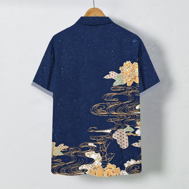 Buddha Stones Lotus Wave Cloud Pattern Buttons Breathable Men's Short Sleeve Shirt - image 1