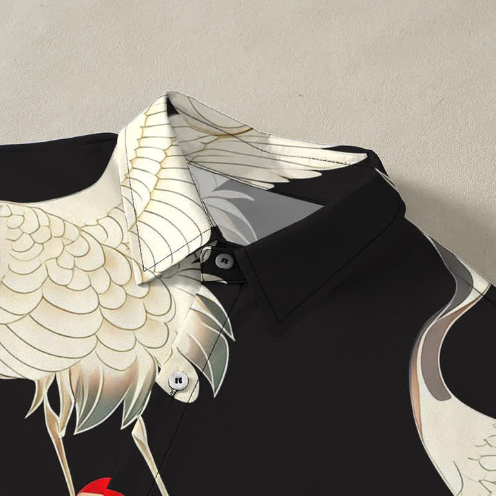 Buddha Stones Flying Red-crowned Crane Pattern Buttons Wrinkle-resistant Men's Short Sleeve Shirt - image 2