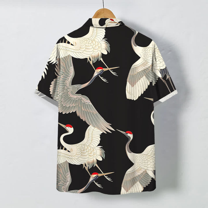 Buddha Stones Flying Red-crowned Crane Pattern Buttons Wrinkle-resistant Men's Short Sleeve Shirt - image 1