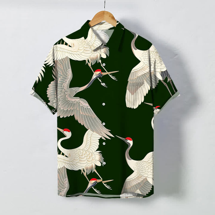 Buddha Stones Flying Red-crowned Crane Pattern Buttons Wrinkle-resistant Men's Short Sleeve Shirt - DarkGreen - US/UK/AU48，EU58 (4XL) - image 5