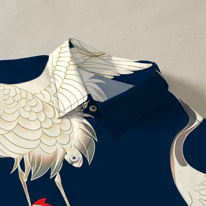 Buddha Stones Flying Red-crowned Crane Pattern Buttons Wrinkle-resistant Men's Short Sleeve Shirt - image 12