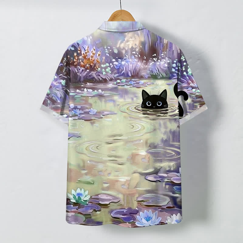 Buddha Stones Water Lily Black Cat Pattern Buttons Breathable Men's Short Sleeve Shirt - Beige - US/UK/AU48，EU58 (4XL) - image 4