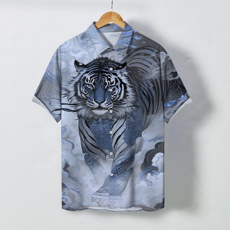 Buddha Stones Tiger Cloud Wave Pattern Buttons Wrinkle-resistant Men's Short Sleeve Shirt - LightSteelBlue - US/UK/AU48，EU58 (4XL) - image 5