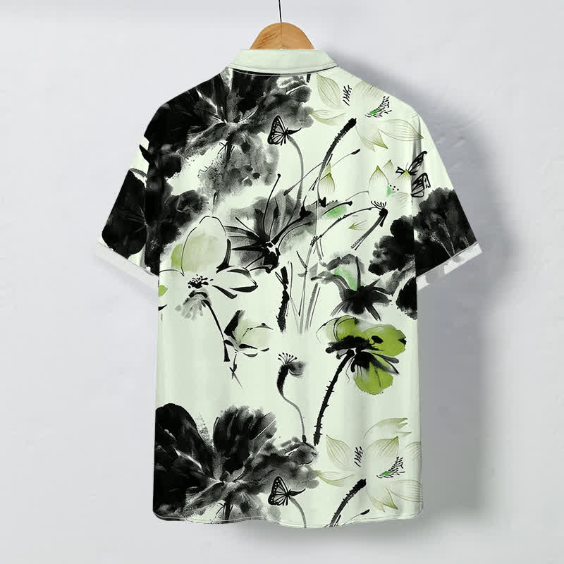 Buddha Stones Ink Floral Blossom Pattern Buttons Breathable Men's Short Sleeve Shirt - image 4