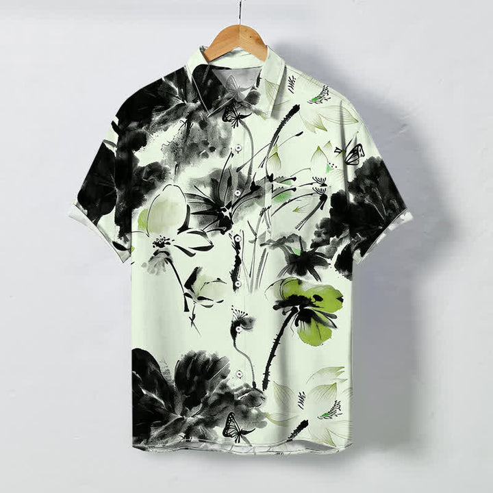 Buddha Stones Ink Floral Blossom Pattern Buttons Breathable Men's Short Sleeve Shirt - Honeydew - US/UK/AU48，EU58 (4XL) - image 3