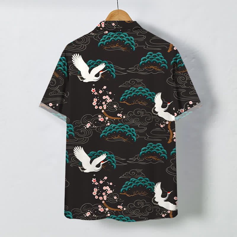 Buddha Stones Crane Pine Blossom Cloud Pattern Buttons Breathable Men's Short Sleeve Shirt - image 1