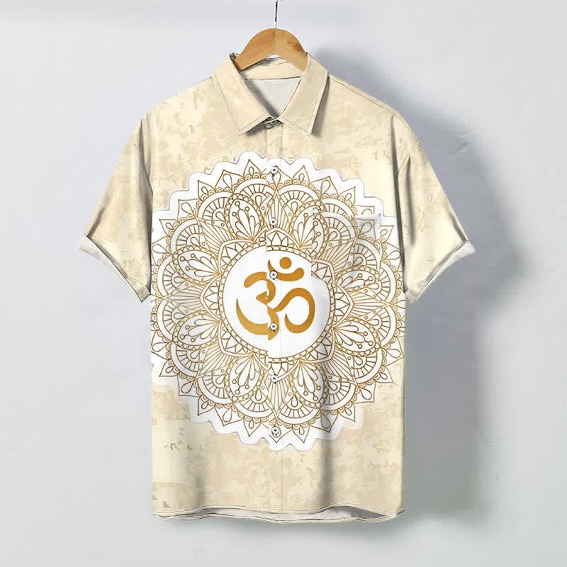 Buddha Stones Om Mandala Pattern Buttons Breathable Men's Short Sleeve Shirt - Beige - US/UK/AU48，EU58 (4XL) - image 0