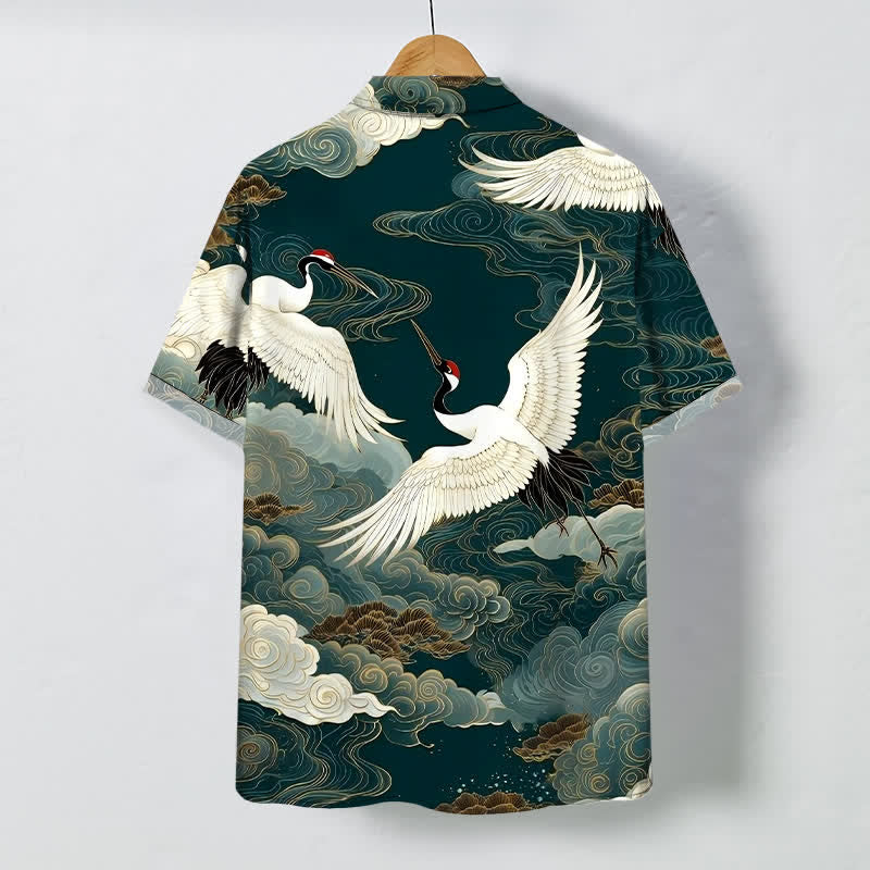 Buddha Stones Flying Red-crowned Crane Auspicious Clouds Pattern Buttons Wrinkle-resistant Men's Short Sleeve Shirt - image 1