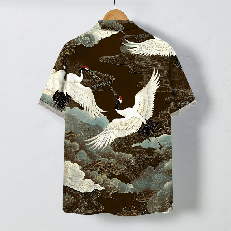 Buddha Stones Flying Red-crowned Crane Auspicious Clouds Pattern Buttons Wrinkle-resistant Men's Short Sleeve Shirt - image 6