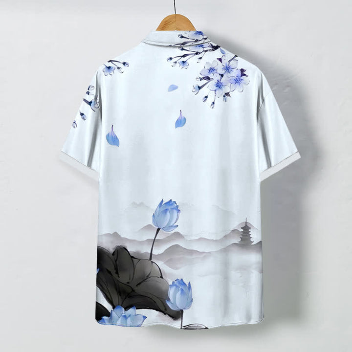 Buddha Stones Lotus Mountain Pagoda Pattern Buttons Wrinkle-resistant Men's Short Sleeve Shirt - image 7