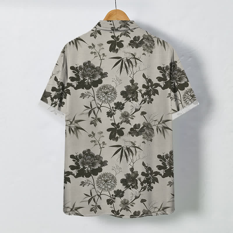 Buddha Stones Dark Floral Bamboo Leaf Pattern Buttons Breathable Men's Short Sleeve Shirt - image 1