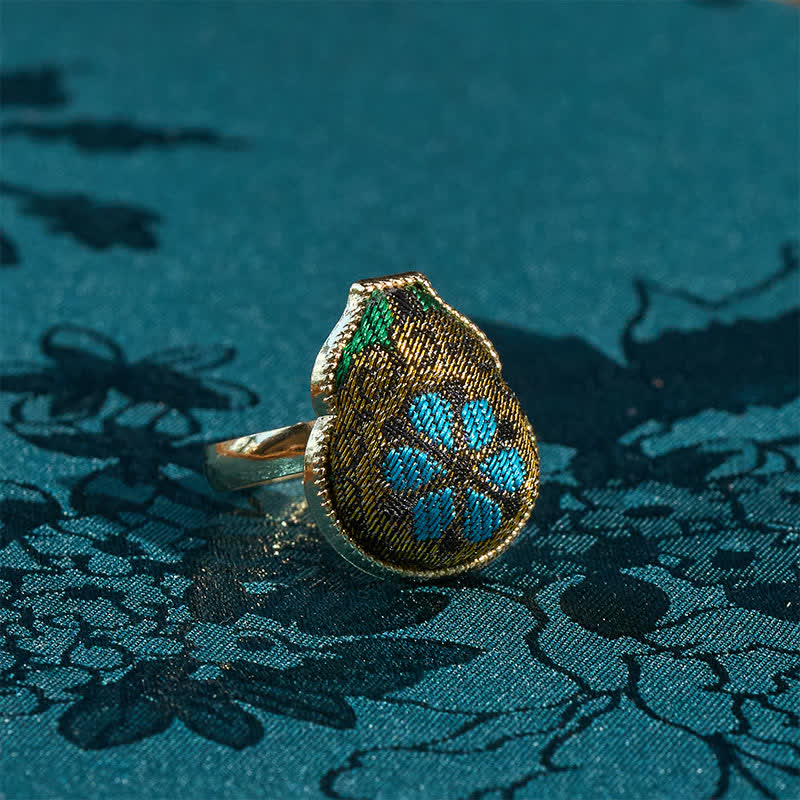 Buddha Stones Song Brocade Gourd Shaped Blessing Adjustable Vintage Chinese Style Ring - Gold Blue(Same Color Tone – Pattern Varies) - Adjustable (Open) - image 0