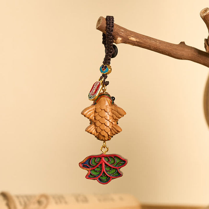 Buddha Stones Hand-carved Rainbow Eucalyptus Colorful Koi Fish Wealth Charm Keychains - image 2