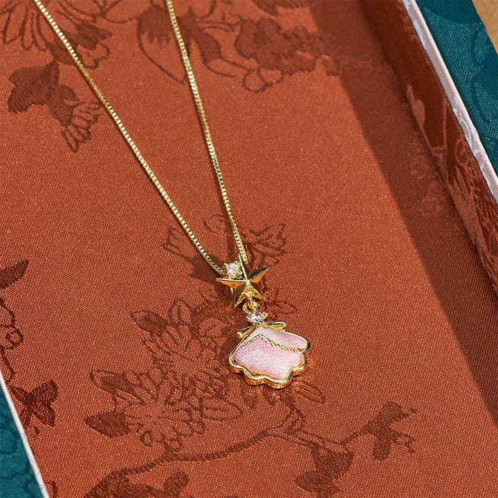 Buddha Stones Song Brocade Copper Shell Heart Ginkgo Leaf Luck Necklace - image 1