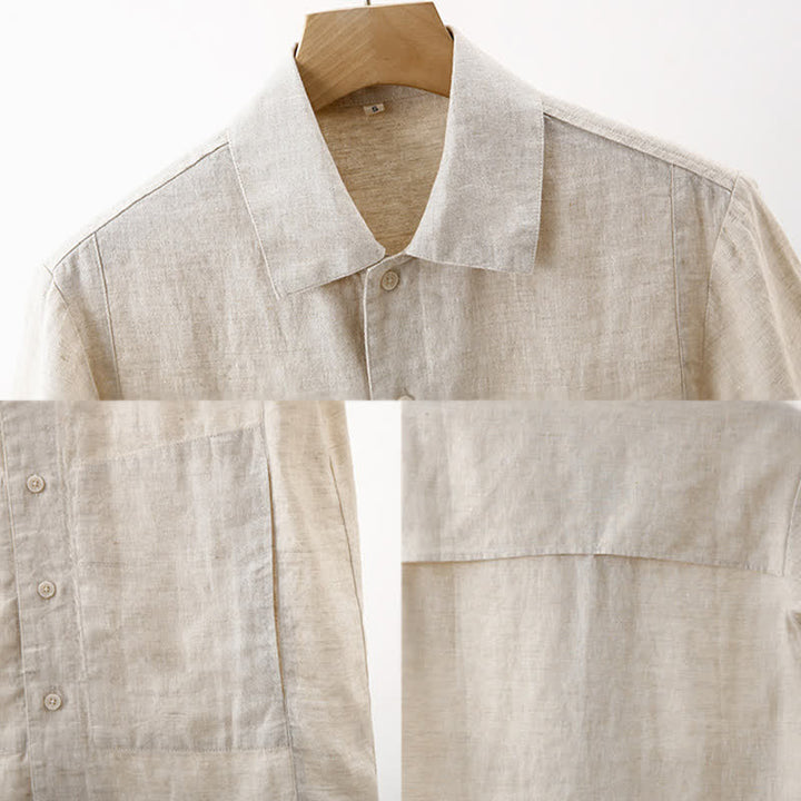 Buddha Stones Summer Minimalist Button-Up Solid Cotton Linen Men's Short Sleeve Shirts With Pocket - image 6