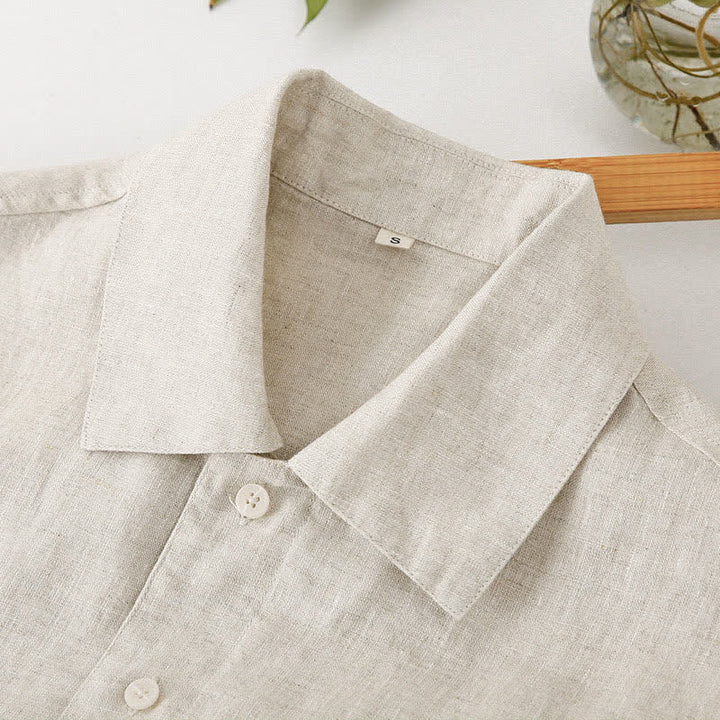 Buddha Stones Summer Minimalist Button-Up Solid Cotton Linen Men's Short Sleeve Shirts With Pocket - image 8