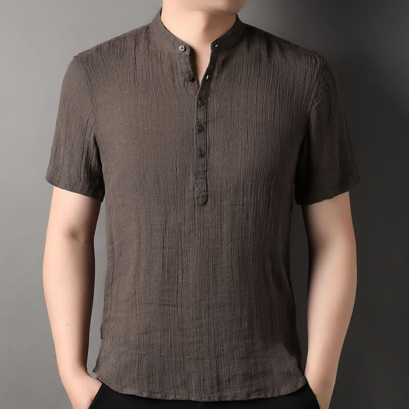 Buddha Stones Summer Casual Tang Style Mandarin Collar Solid Linen Men's Short Sleeve Shirts - SaddleBrown - US/UK/AU44，EU54 (4XL) - image 12