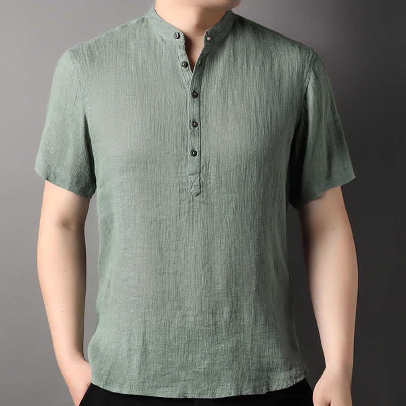Buddha Stones Summer Casual Tang Style Mandarin Collar Solid Linen Men's Short Sleeve Shirts - image 17